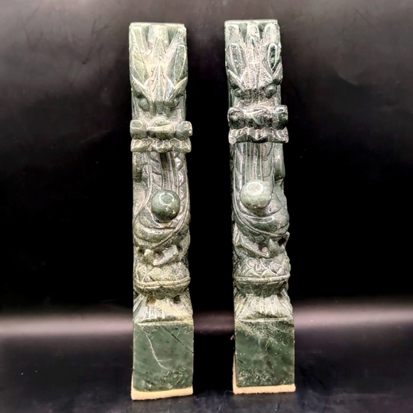 Vintage Pair Hand Carved Solid Genuine Green Jade Dragon Bookends - 10" Tall - Picture 4 of 15